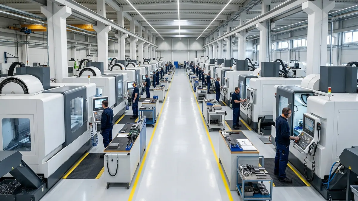 WMT Machine CNC assembly hall with vertical machining centers and slant-bed turning centers undergoing laser inspection