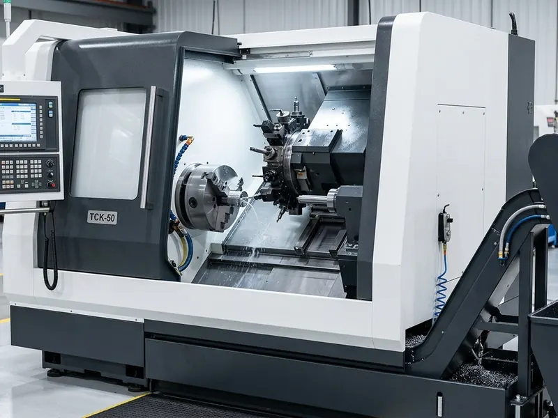 WMT TCK50 45-degree slant bed CNC lathe with hydraulic chuck and 12-station turret