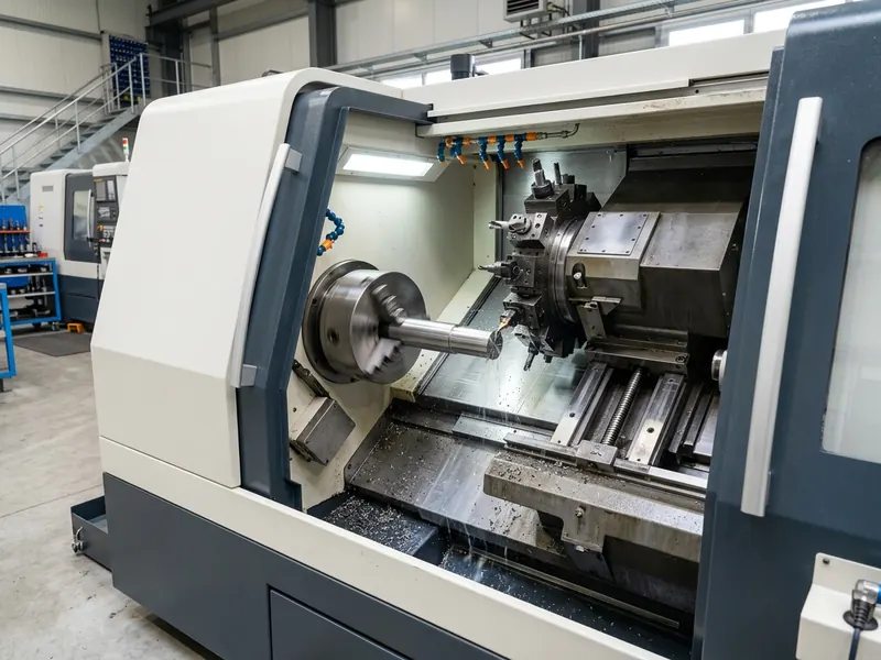 WMT TCK56 heavy-duty slant bed CNC lathe turning a precision steel shaft with coolant